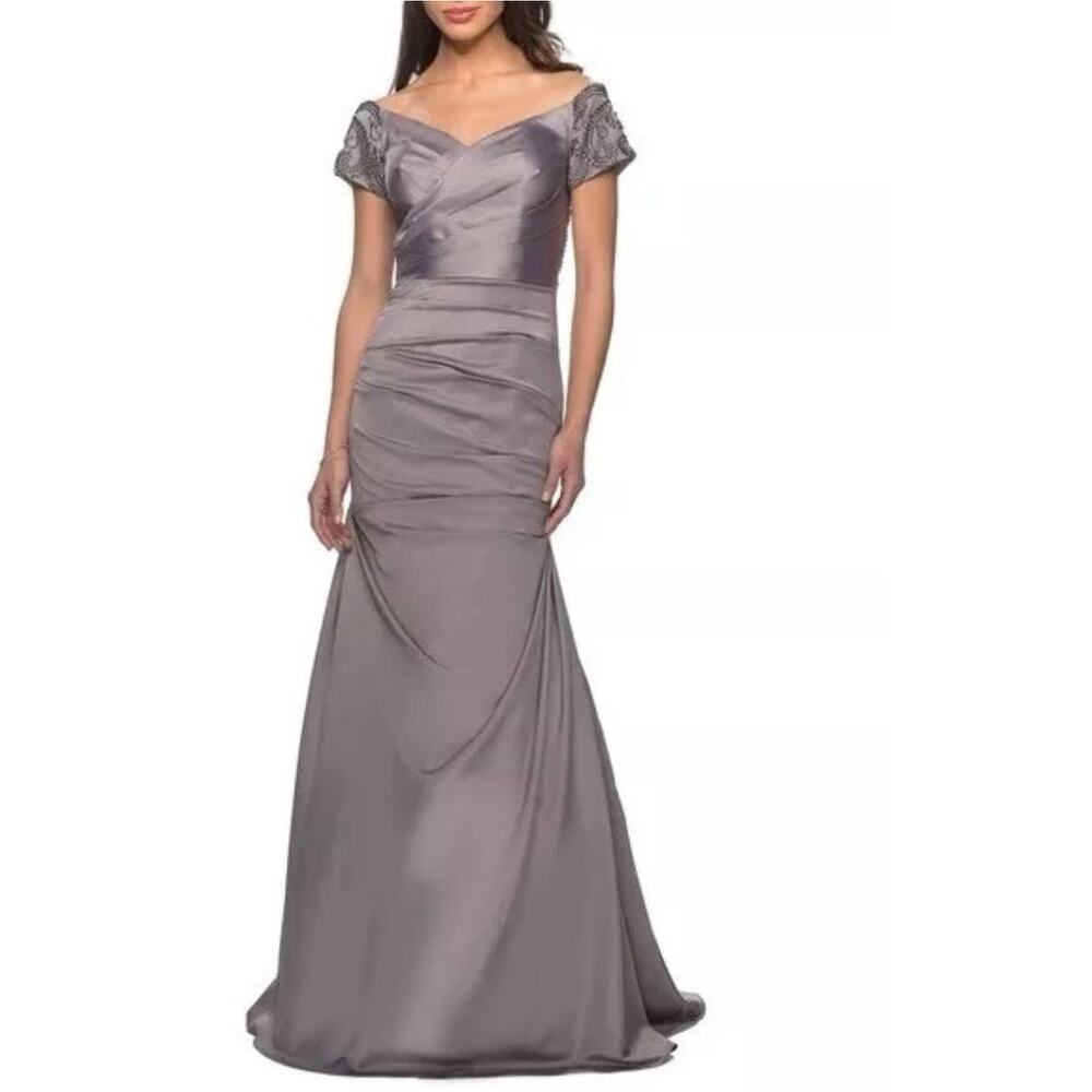 NEW La Femme off the shoulder beaded trumpet satin gown 8
